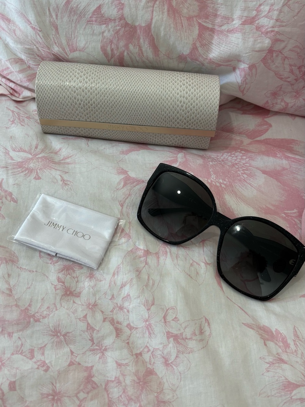 Jimmy Choo Black Oversized Square Sunglasses with Cream Case